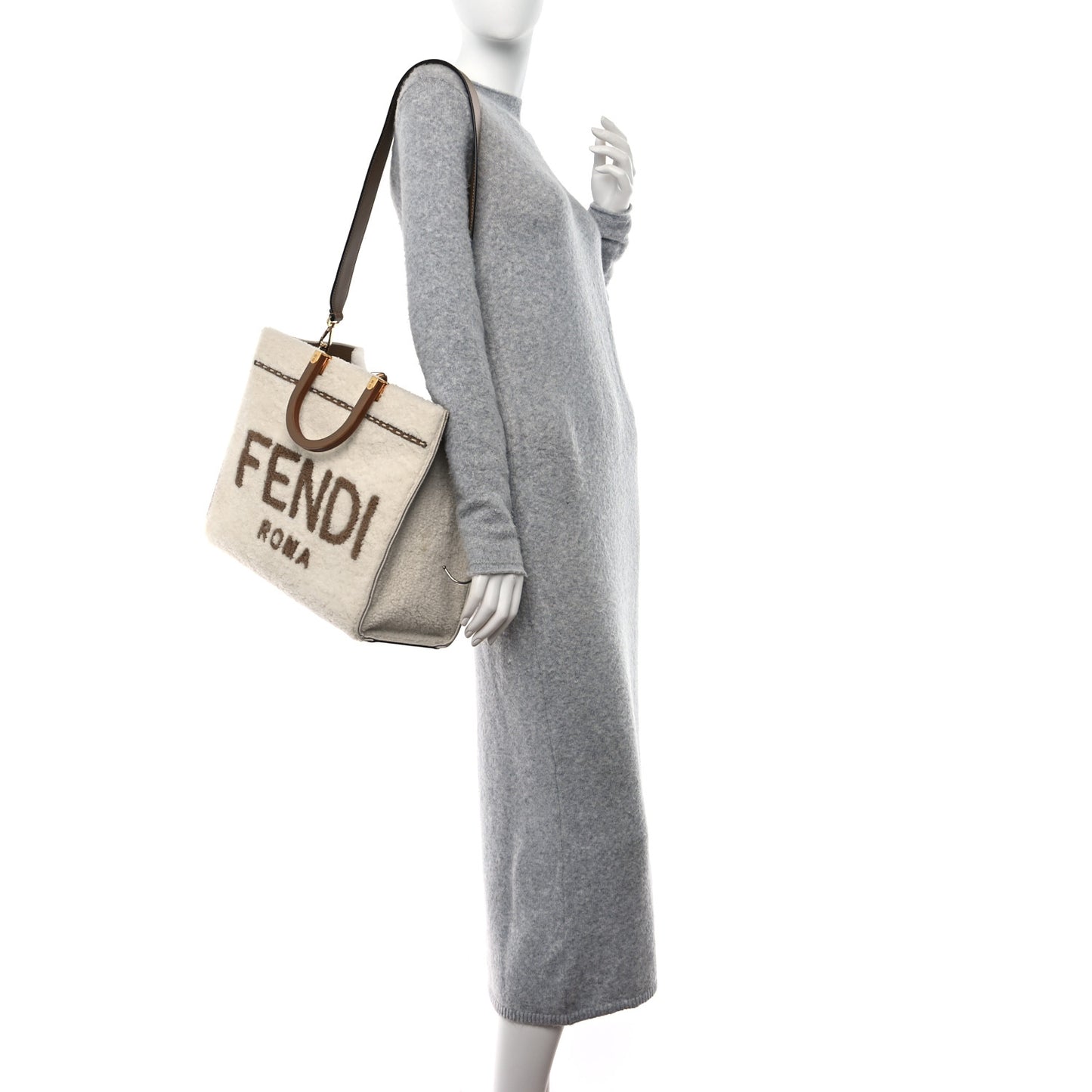 Shearling Vitello King Logo Medium Fendi Sunshine Shopper Tote White