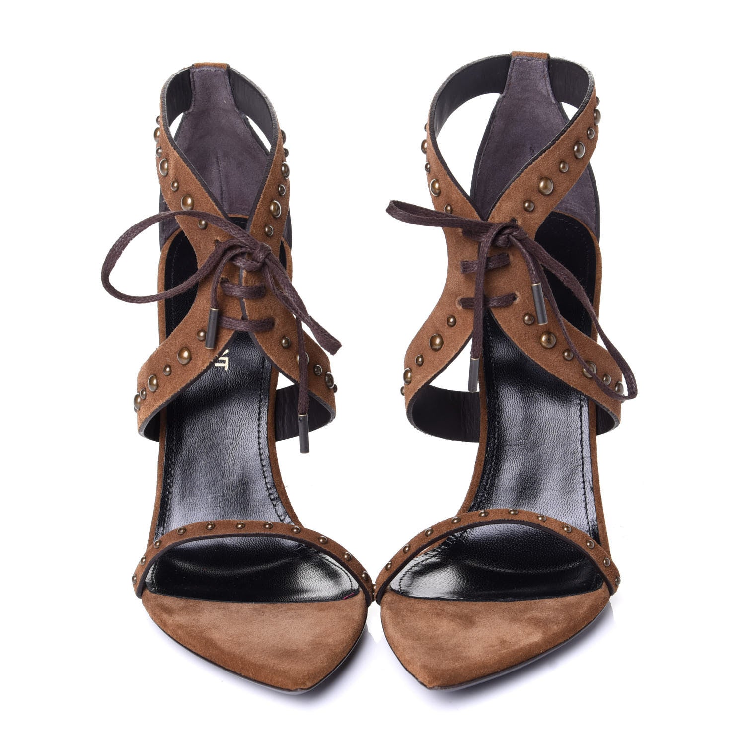 Saint Laurent Suede Studded Iris Sandal Pumps 38.5 Brown 5 of 10