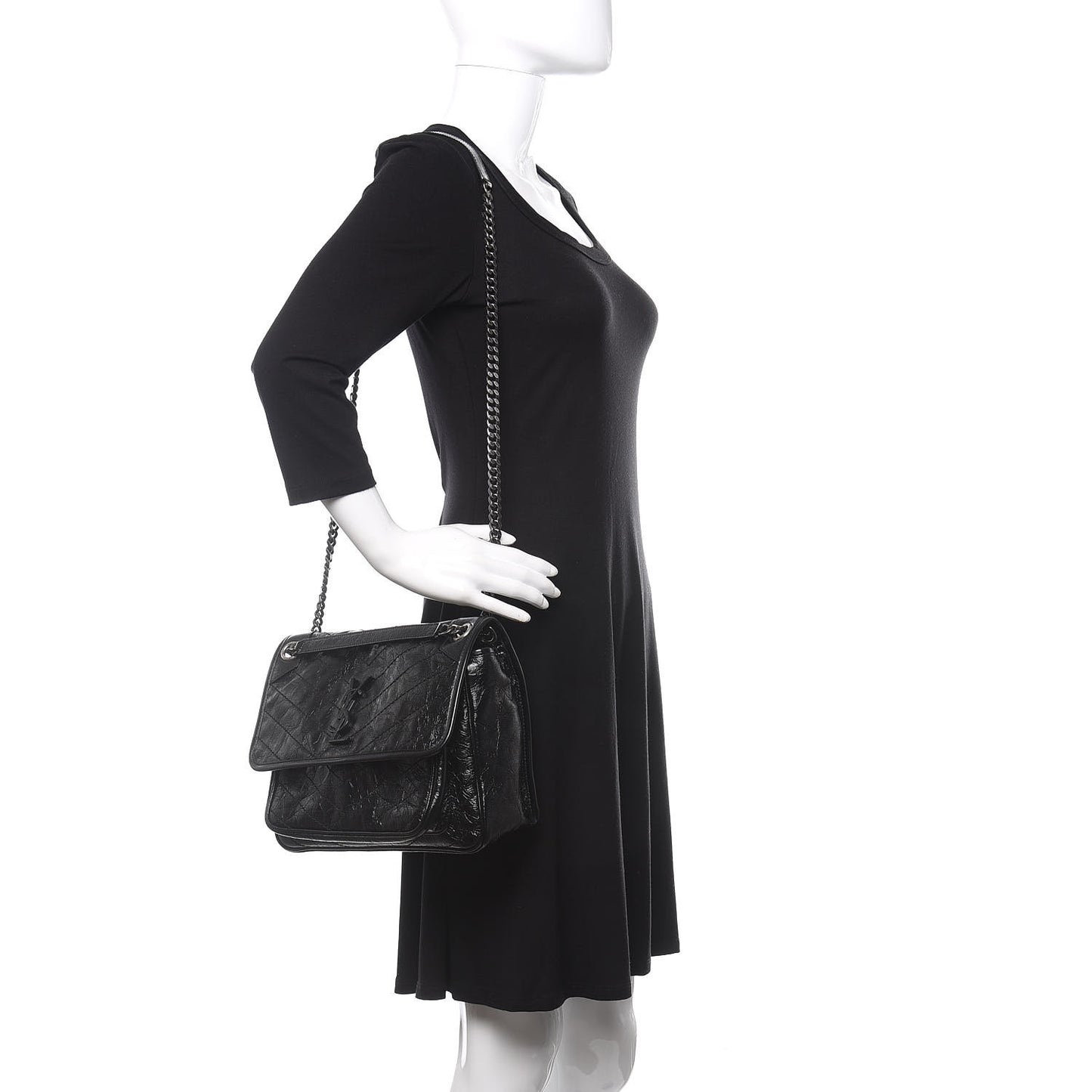 Crinkled Calfskin Matelasse Monogram Medium Niki Chain Satchel Black
