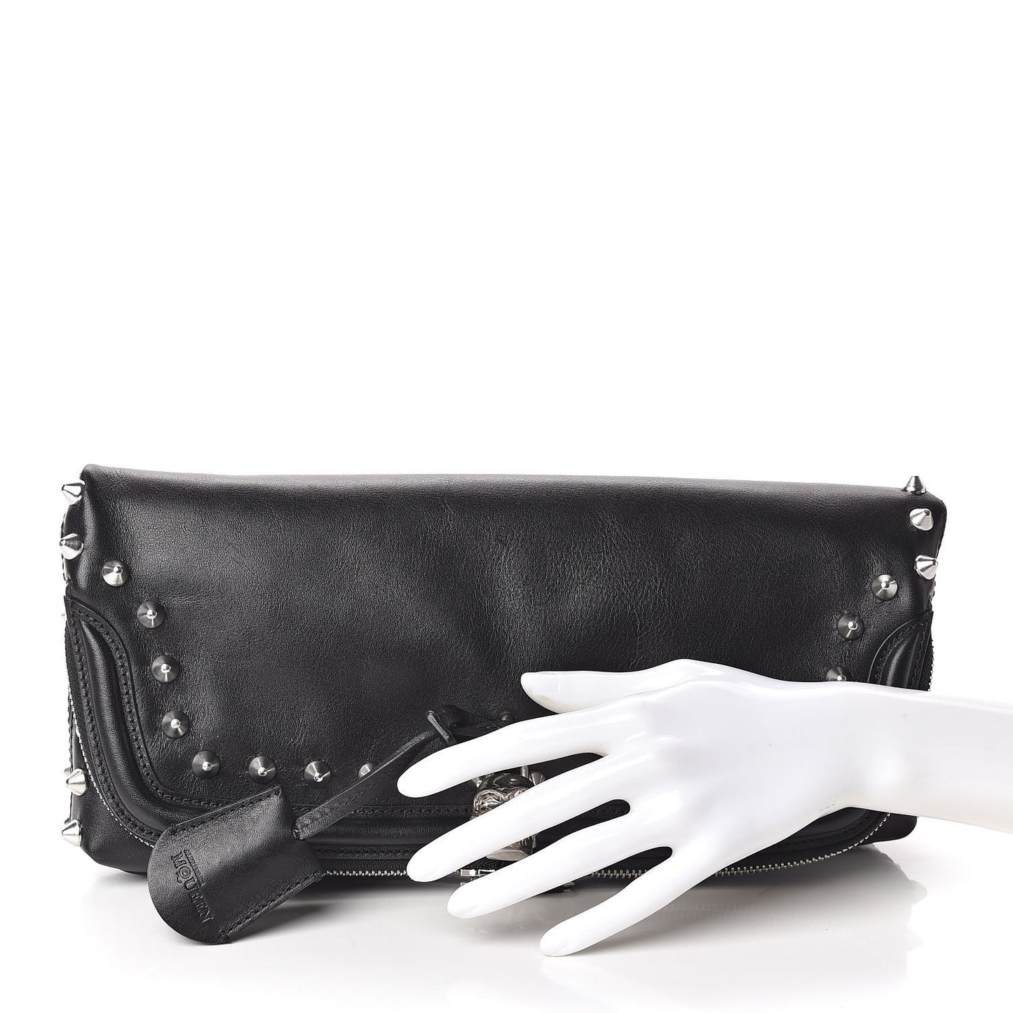 Calfskin Studded Padlock Skull Clutch Black