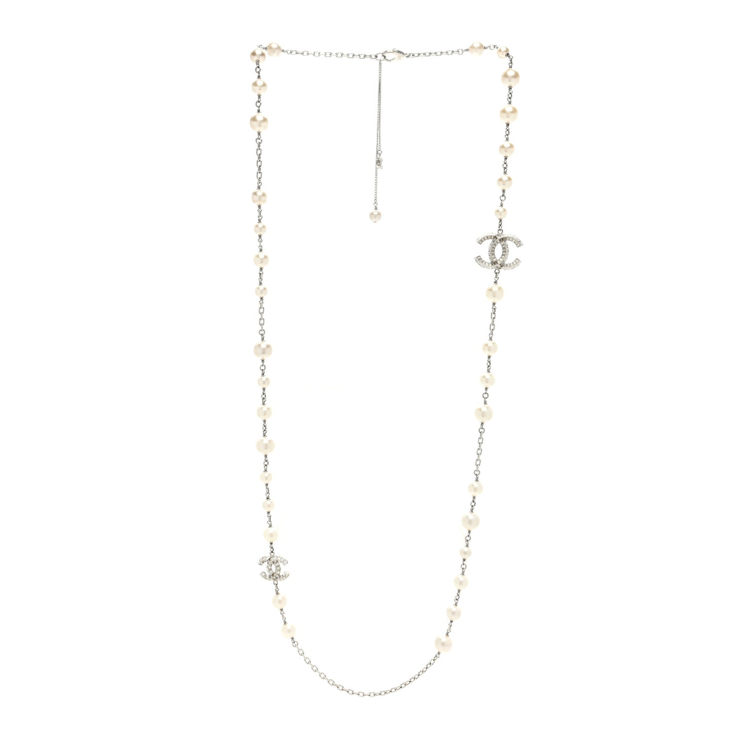 Baguette Crystal Pearl CC Long Necklace Silver