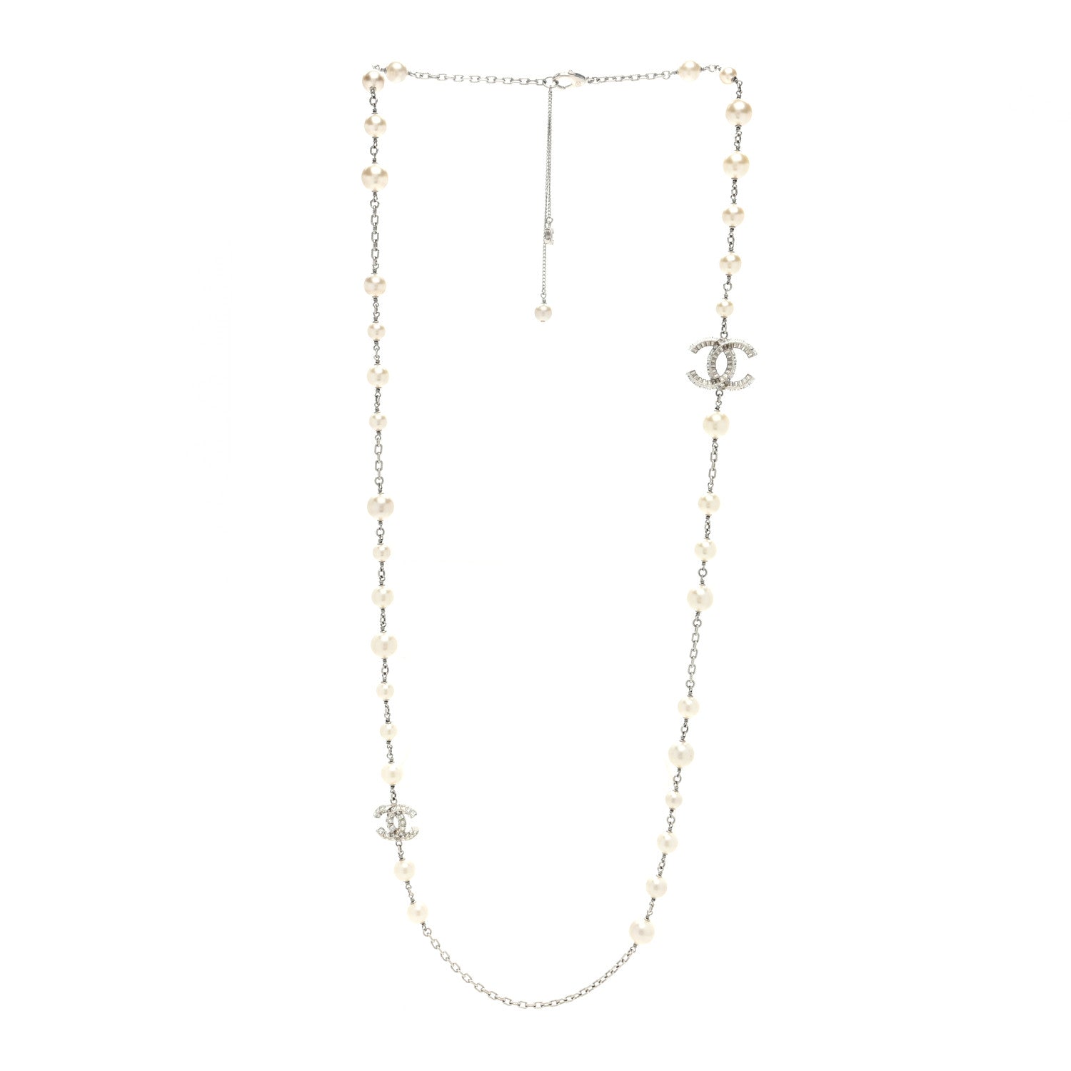 Chanel Baguette Crystal Pearl CC Long Necklace Silver 2 of 3