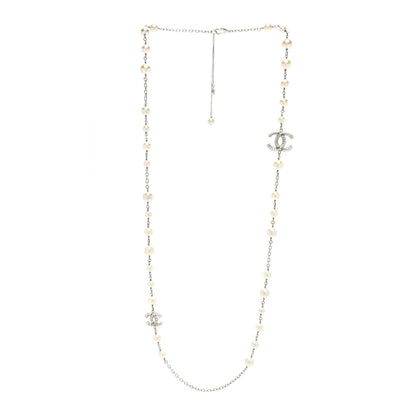 Chanel Baguette Crystal Pearl CC Long Necklace Silver 2 of 3