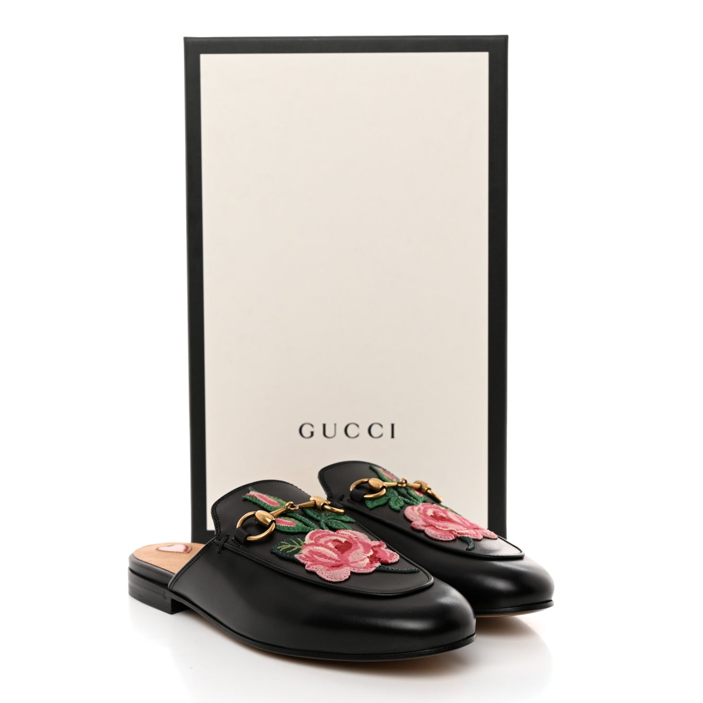 Calfskin Flower Embroidered Princetown Slippers 35 Black