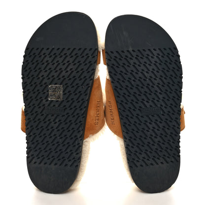 Hermes Suede Goatskin Woolskin Womens Chypre Sandals 37.5 Naturel Ecru 5 of 7