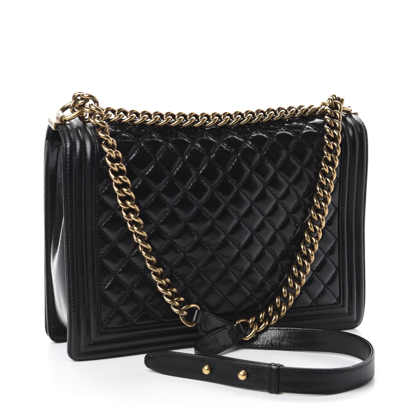 Glazed Calfskin Quilted Large Boy Flap Black
