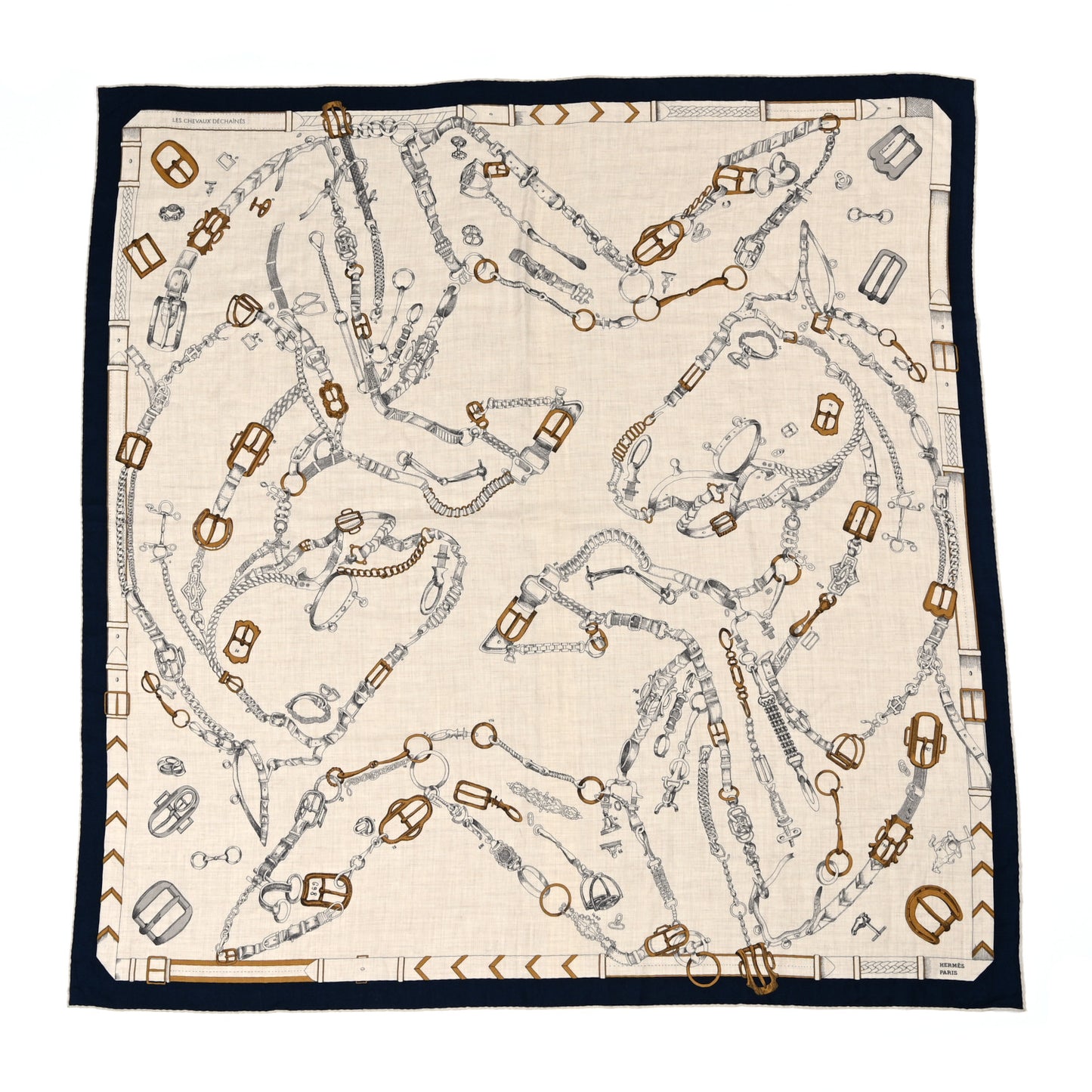 Cashmere Silk Chevaux Dechaines Shawl 140 Marine Naturel Gris