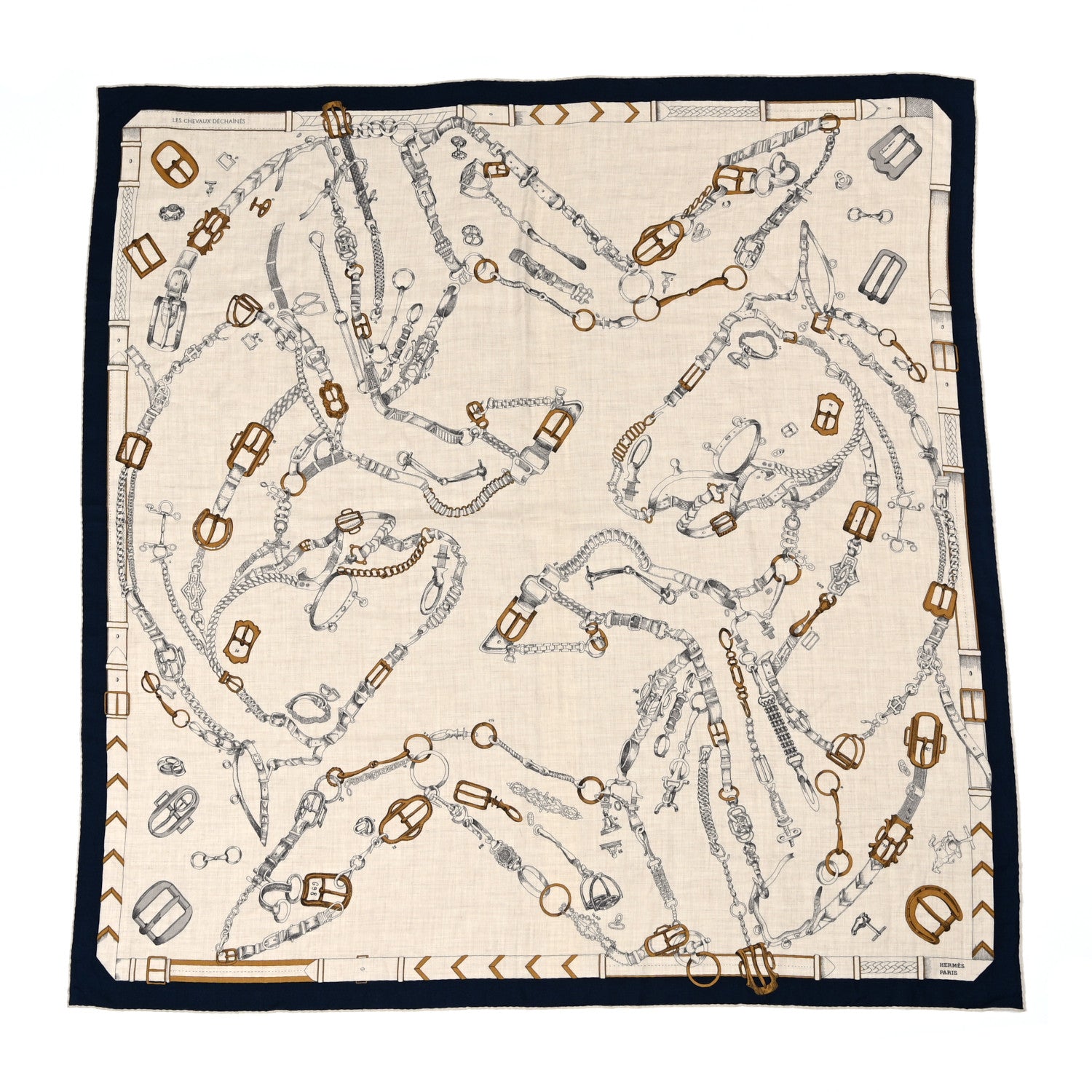 Hermes Cashmere Silk Chevaux Dechaines Shawl 140 Marine Naturel Gris 1 of 7