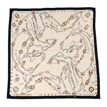 Hermes Cashmere Silk Chevaux Dechaines Shawl 140 Marine Naturel Gris 1 of 7