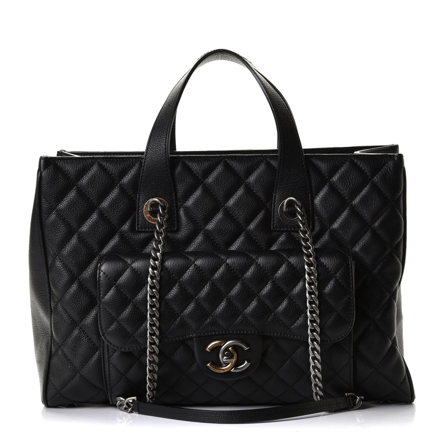 Metallic Grained Calfskin Quilted Large Casual Pocket Tote Black