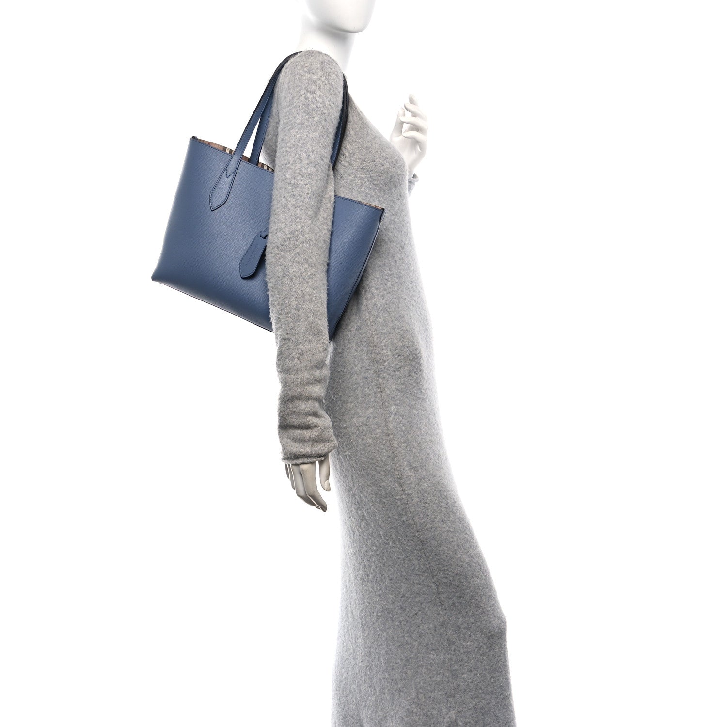 Burberry Calfskin Haymarket Check Small Reversible Tote Slate Blue 2 of 18