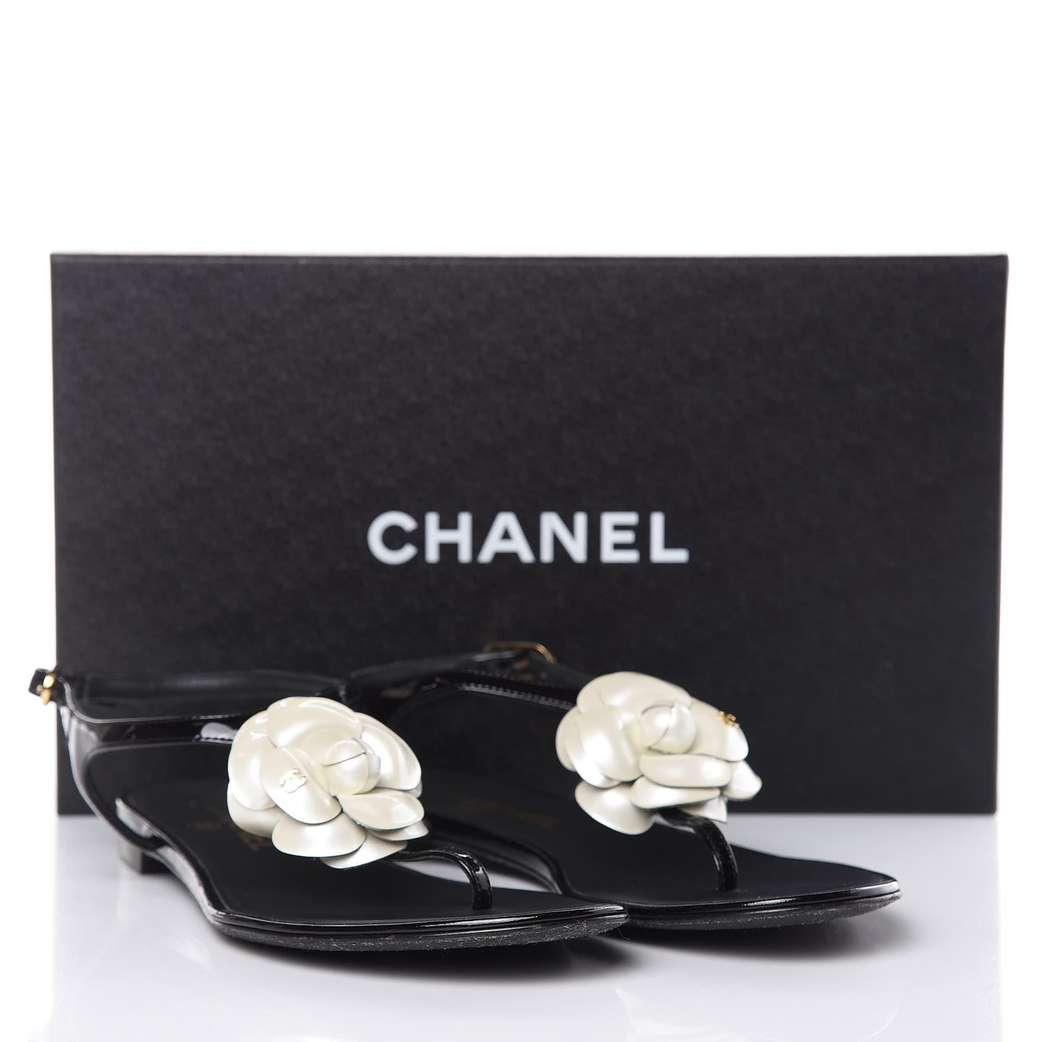 Chanel Patent Camellia Thong Sandals 36.5 Black White 9 of 9