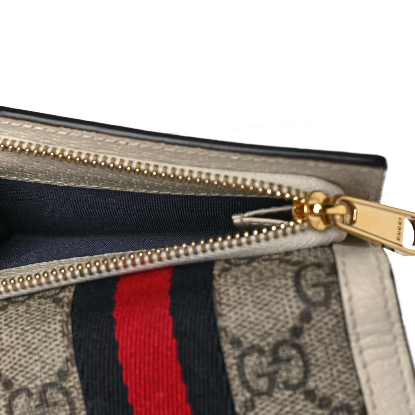 GG Supreme Monogram Textured Calfskin Web Ophidia Bi-Fold Wallet Beige Ebony Mystic White