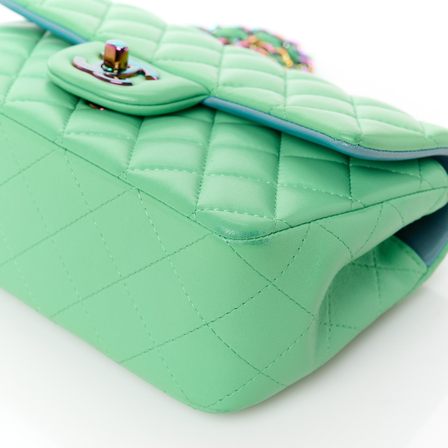 Chanel Lambskin Quilted Mini Rectangular Flap Green Blue 13 of 14