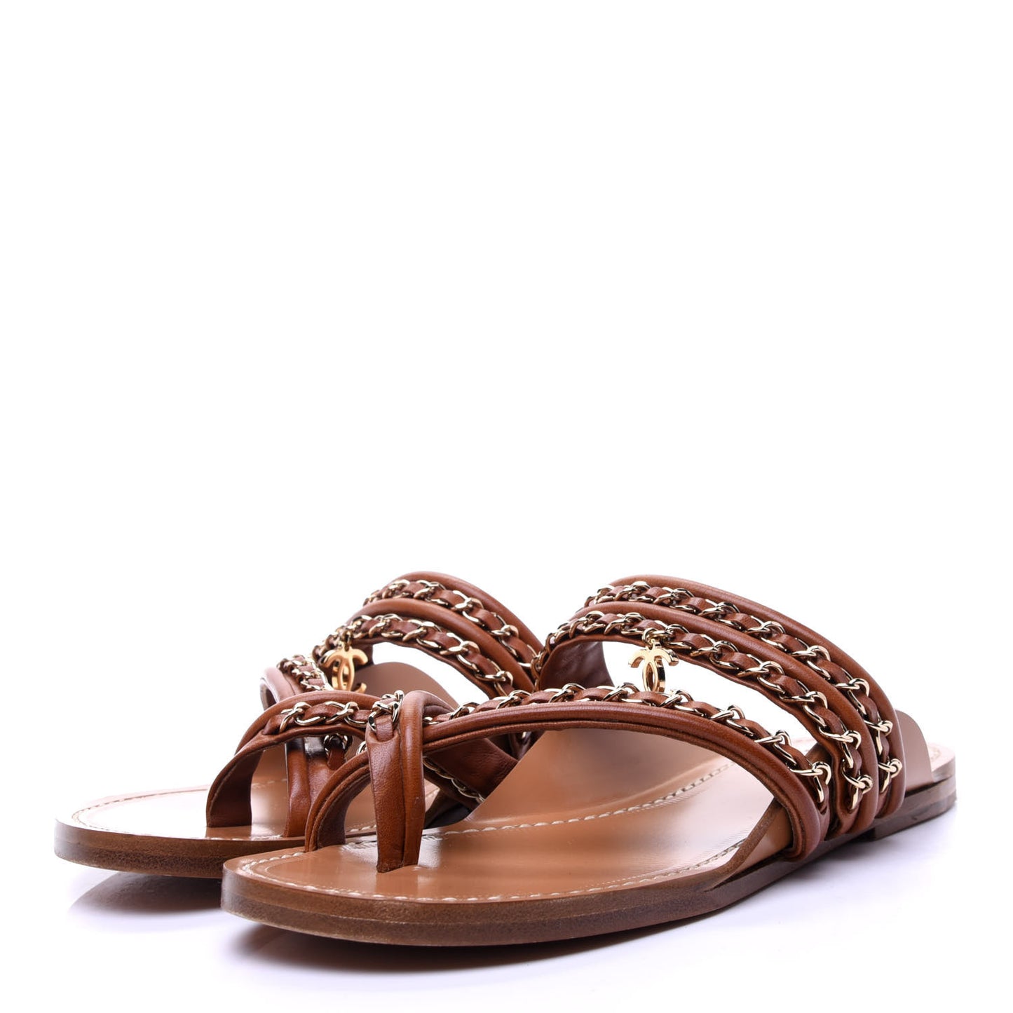 Calfskin Chain CC Thong Flat Sandals 36 Beige