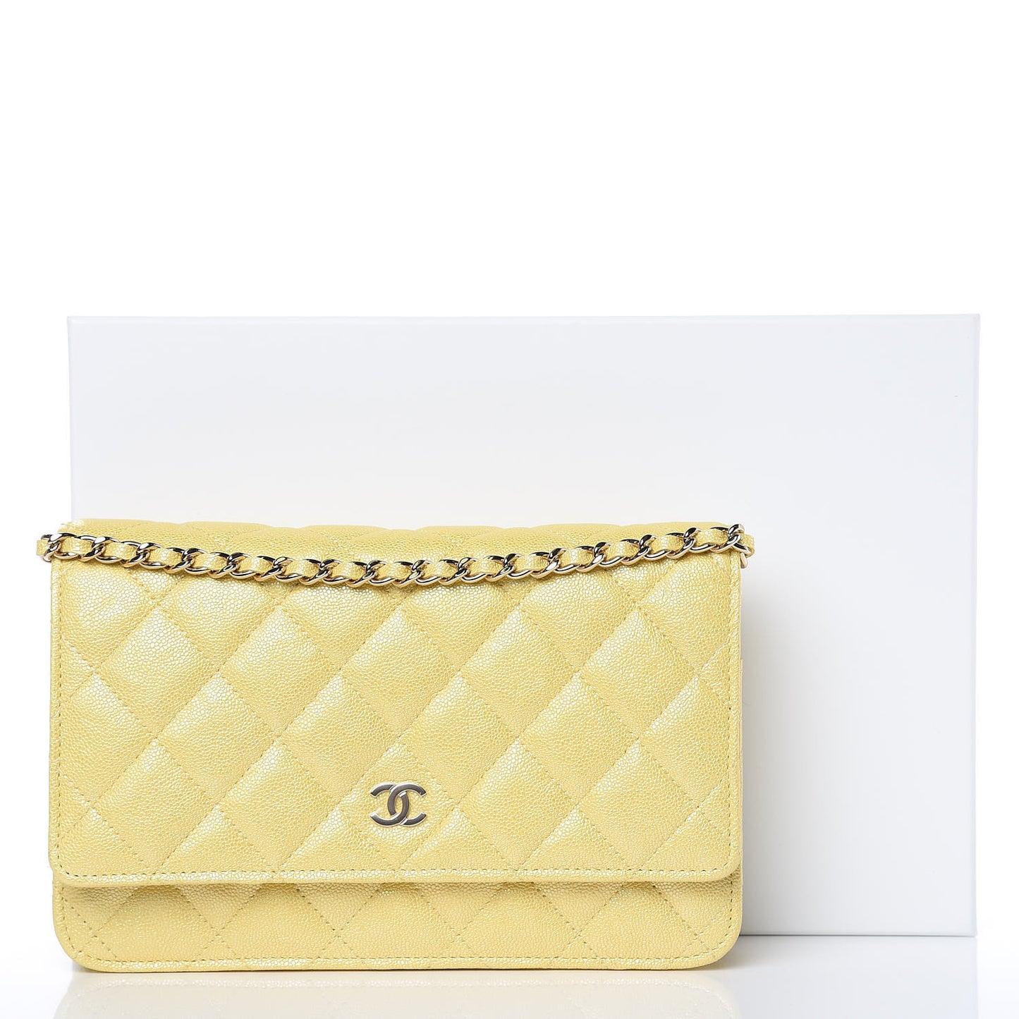 Iridescent Caviar Quilted Wallet on Chain WOC Yellow