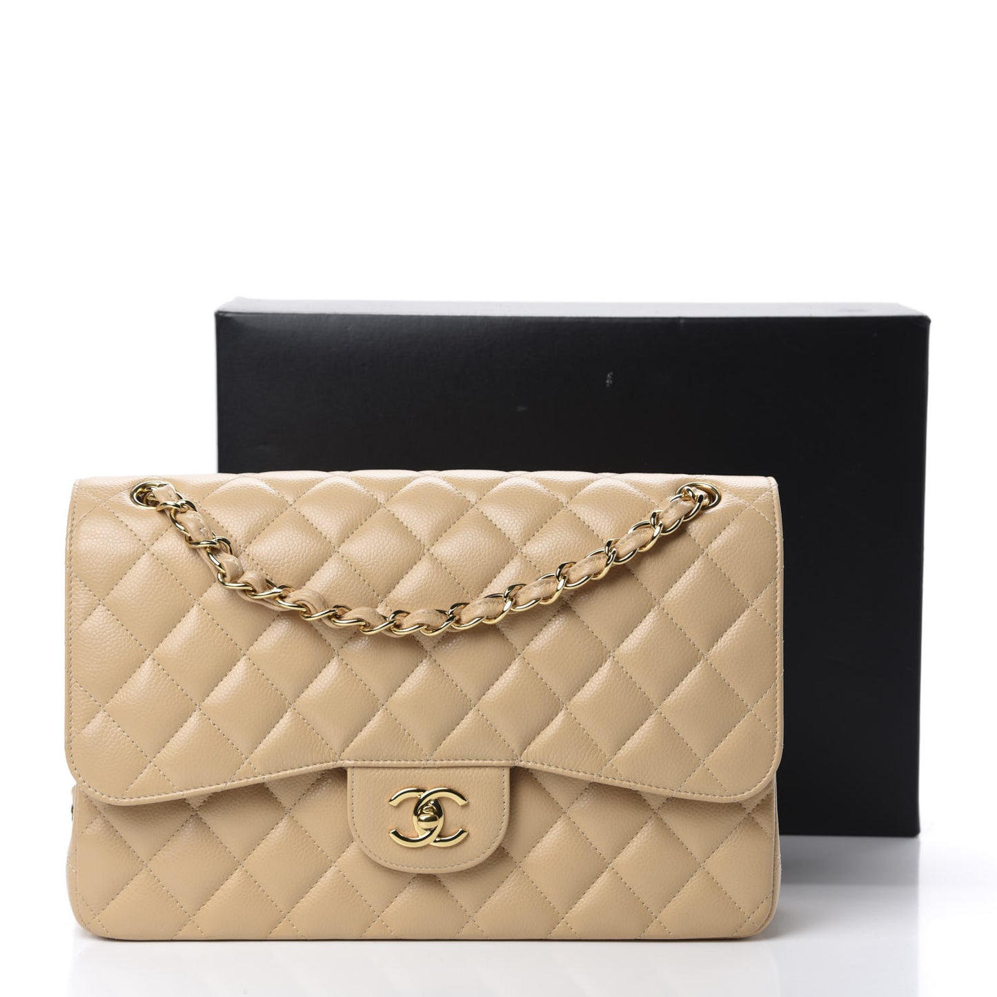Caviar Quilted Jumbo Double Flap Beige Clair