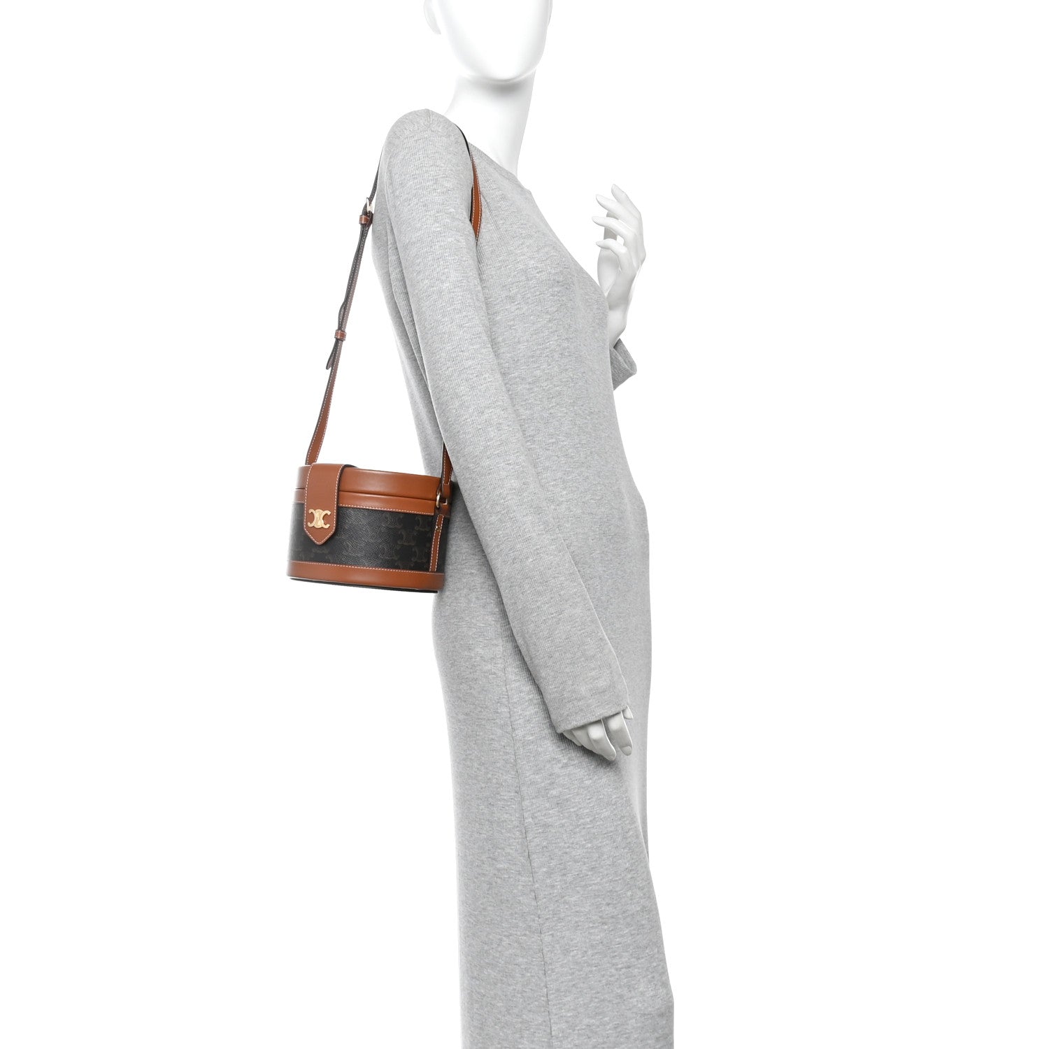 Celine Calfskin Triomphe Canvas Medium Tambour Bag Tan 2 of 10