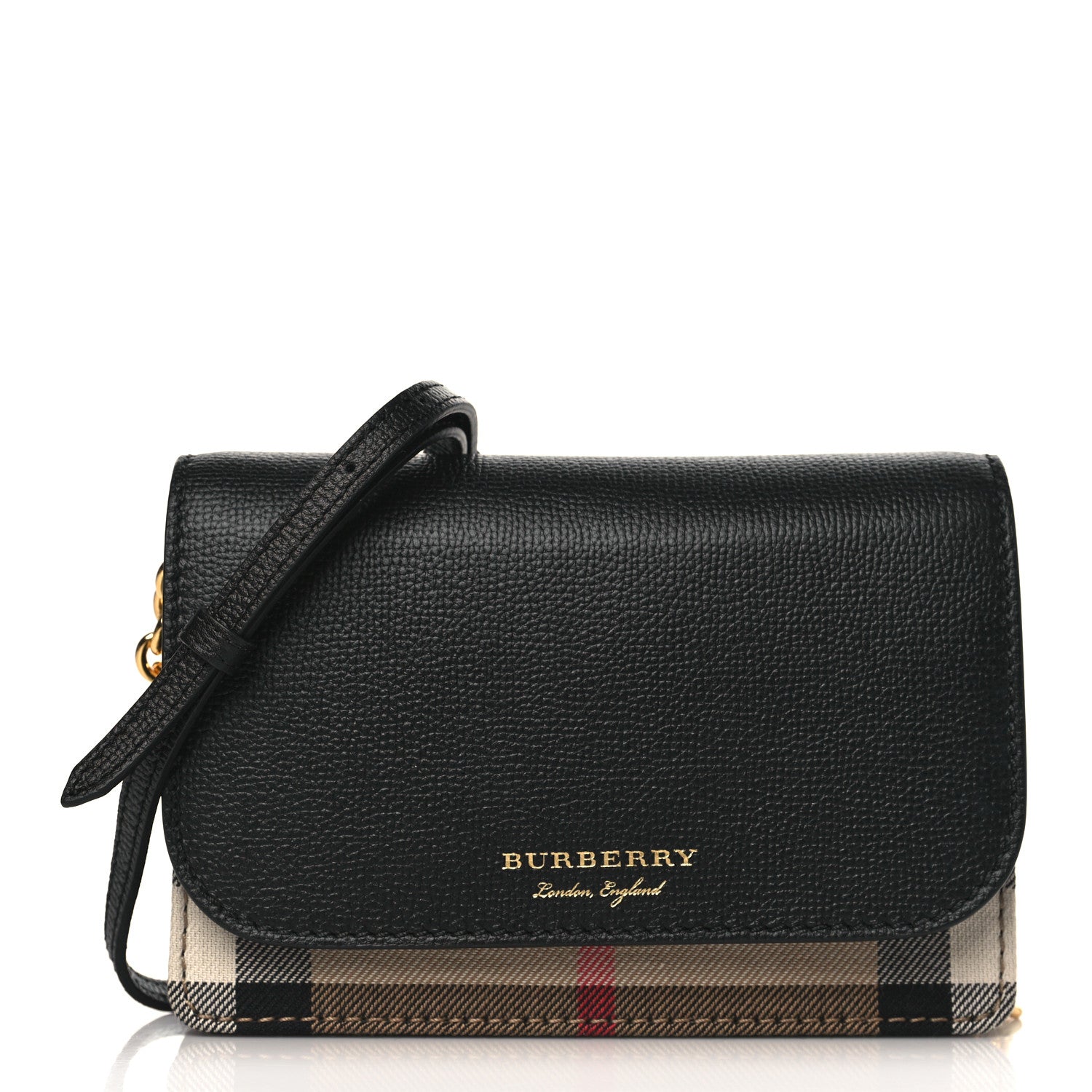 Burberry Grained Calfskin House Check Tartan Mix Hampshire Wallet On Chain Black 1 of 9