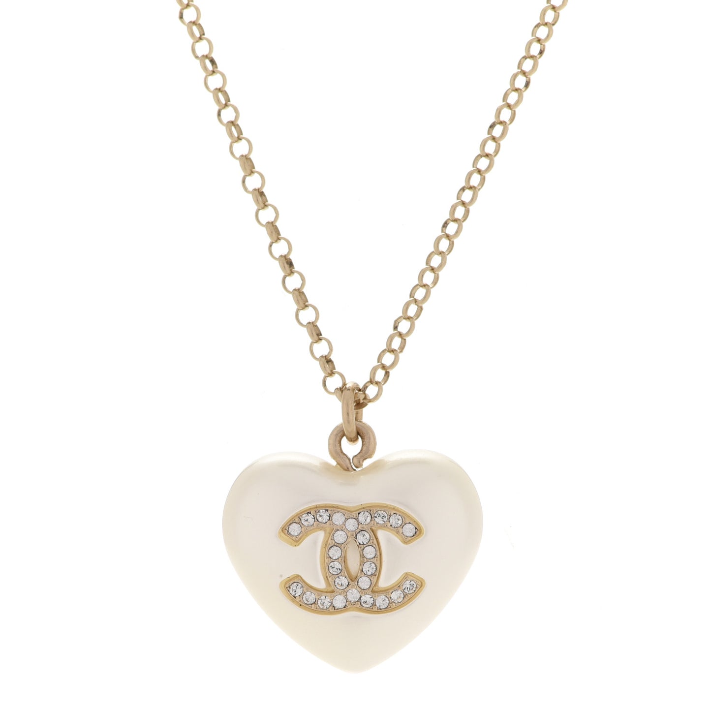 Resin Crystal CC Heart Necklace Pearly White Gold