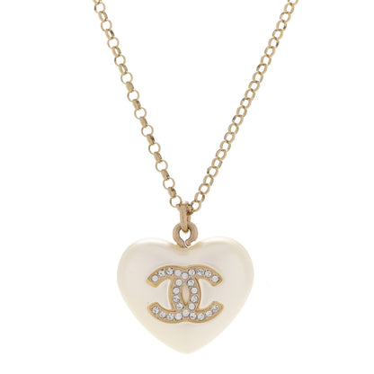 Chanel Resin Crystal CC Heart Necklace Pearly White Gold 4 of 6
