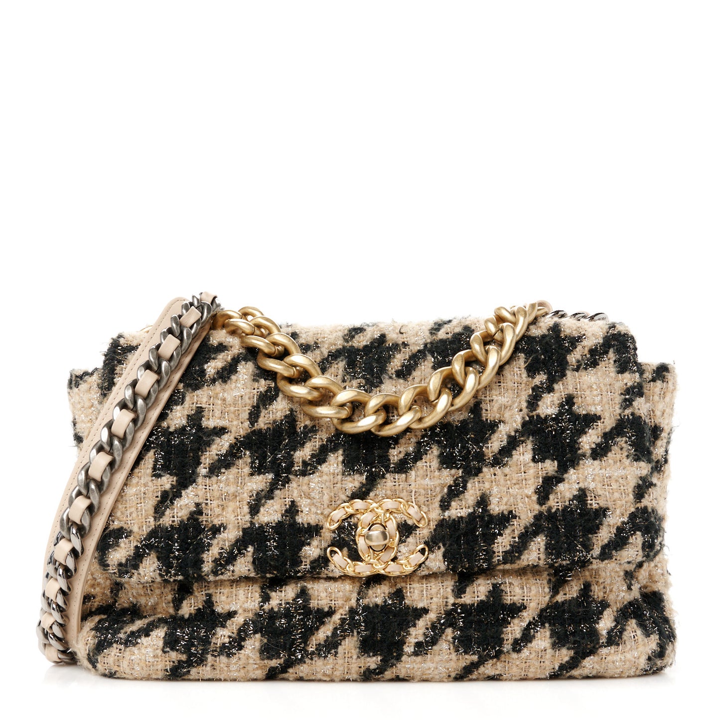 Tweed Quilted Large Chanel 19 Flap Black Beige