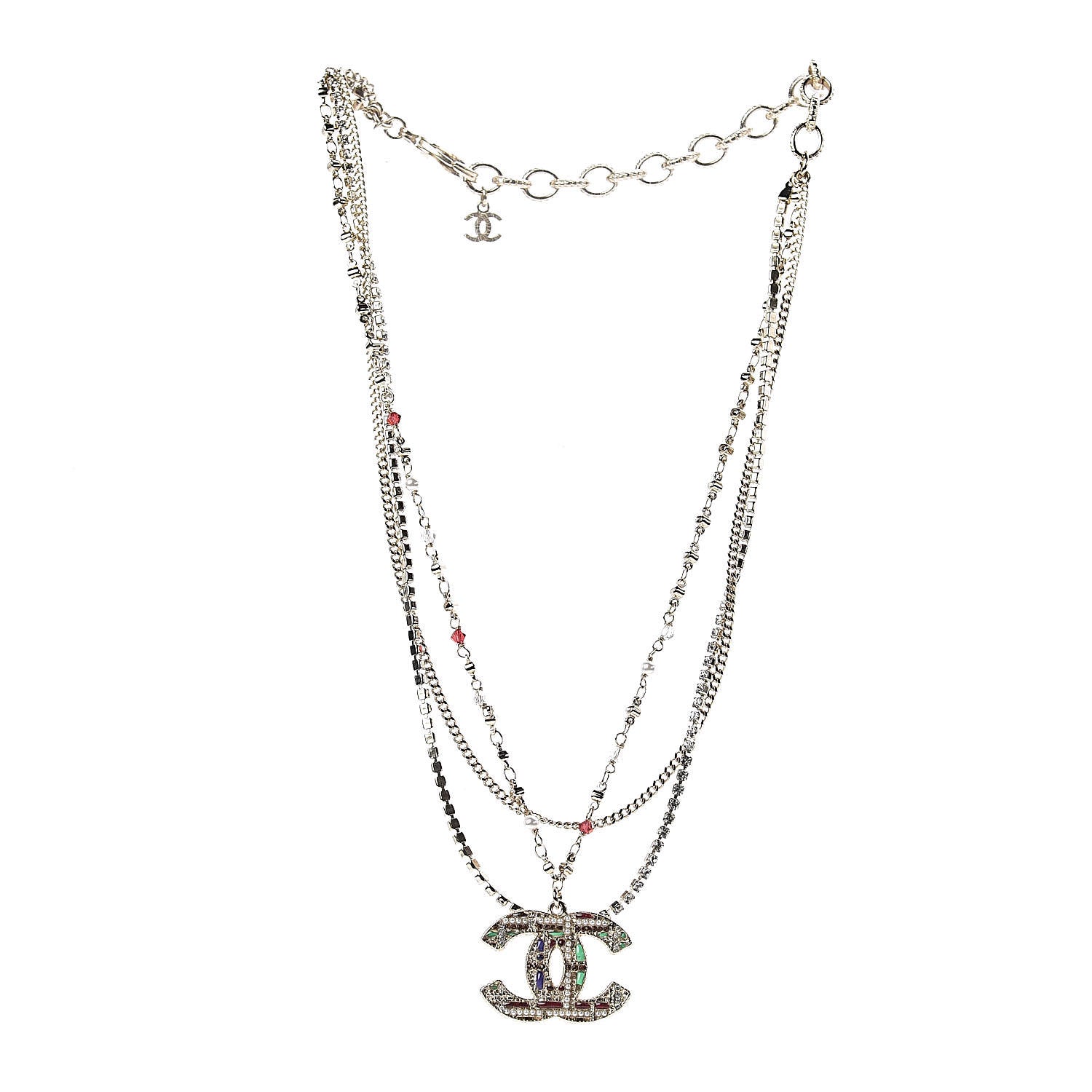 Chanel Crystal Pearl Tweed Effect Multi Strand CC Short Necklace Gold Red Green 3 of 5
