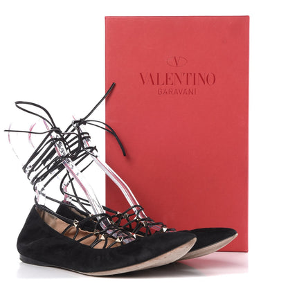 Valentino Garavani Suede Rockstud Gladiator Lace Up Ballerina Flats 39.5 Black 13 of 13
