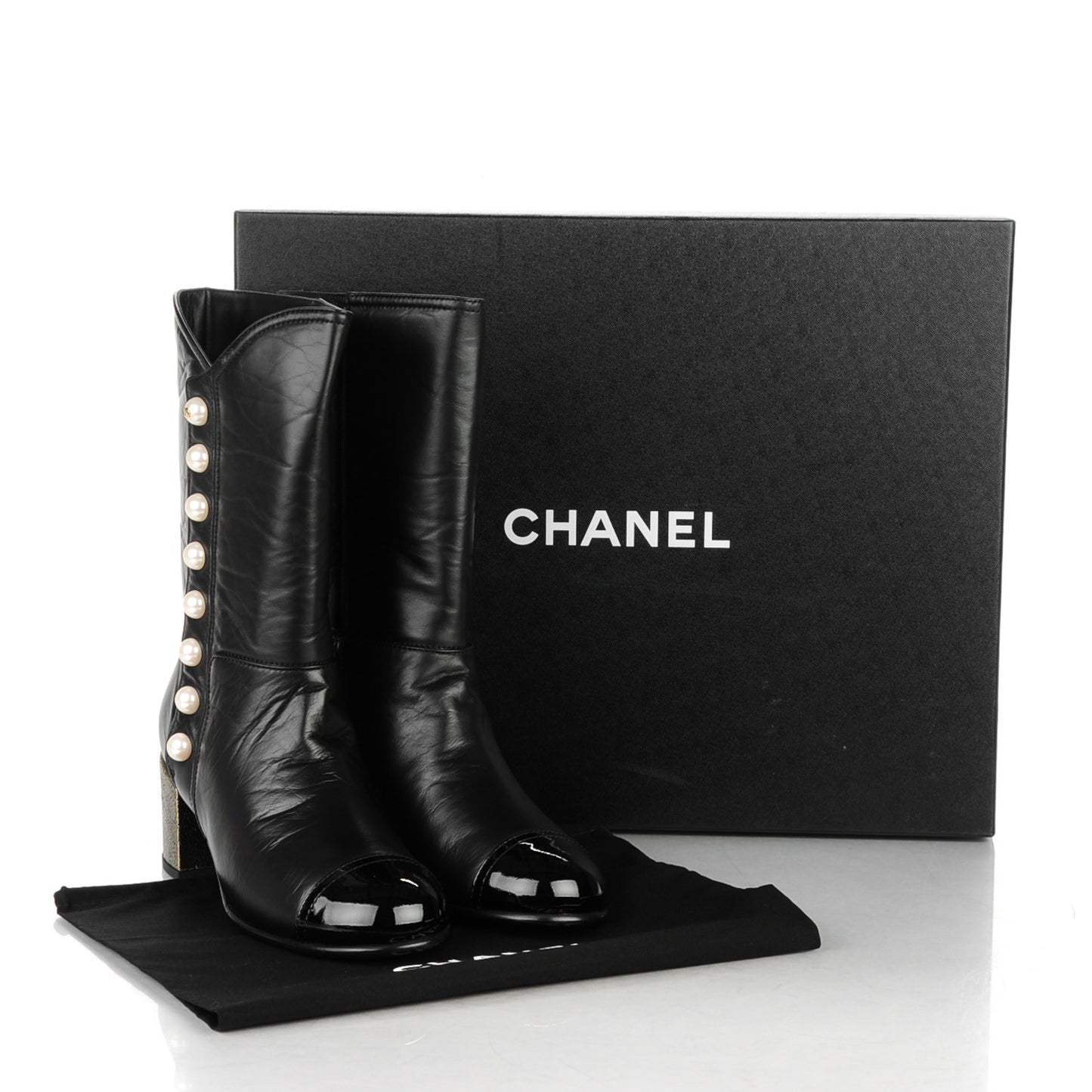 Calfskin Patent Pearl Cap Toe Boots 39 Black