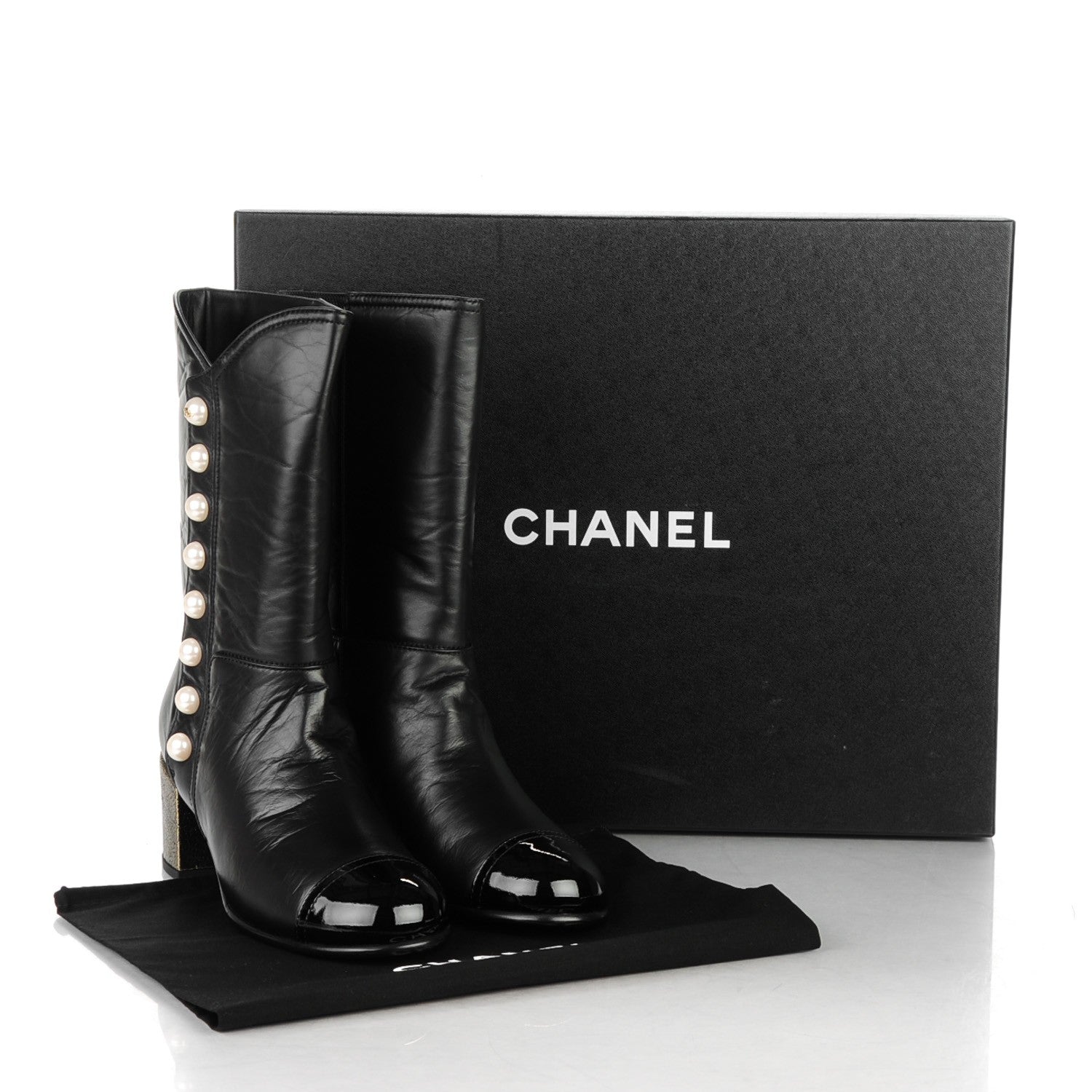 Chanel Calfskin Patent Pearl Cap Toe Boots 39 Black 9 of 9
