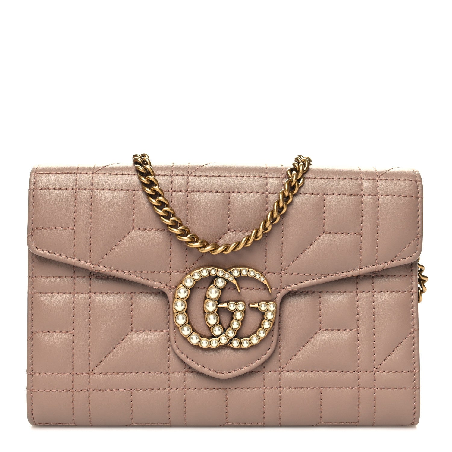 Gucci Calfskin Matelasse Mini Pearly GG Marmont Chain Wallet Porcelain Rose 1 of 10