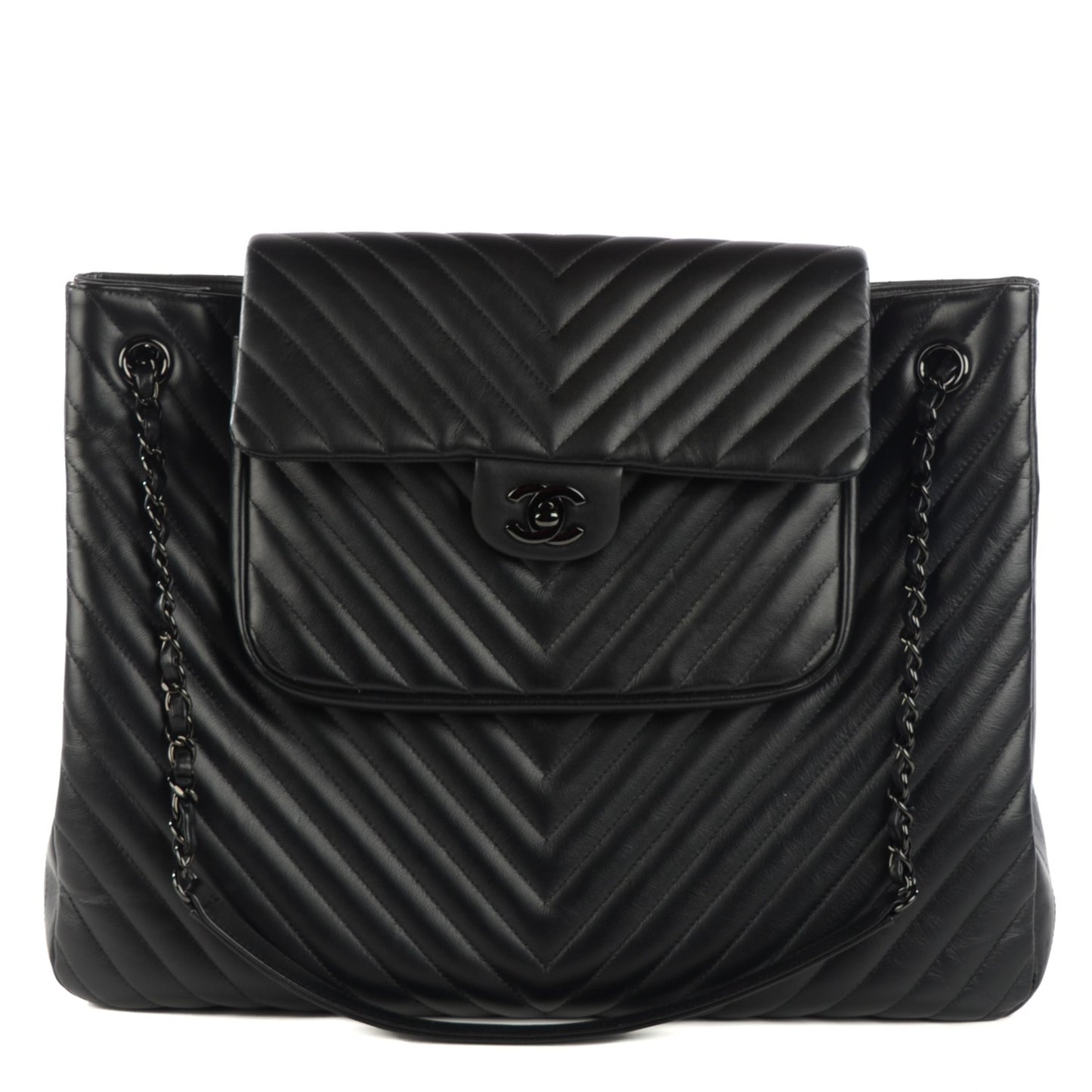 Calfskin Chevron Quilted Flap Tote So Black