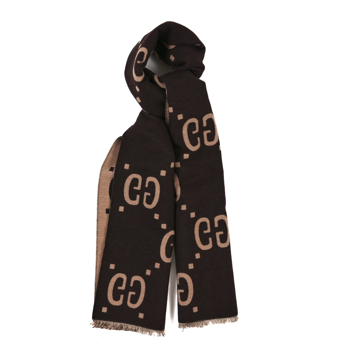 Gucci Wool Silk Monogram Jumbo GG Freedom Scarf Dark Brown Beige 1 of 4