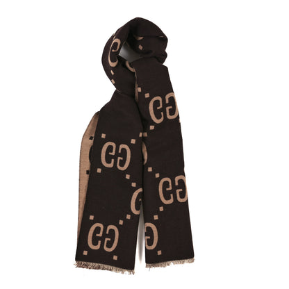 Gucci Wool Silk Monogram Jumbo GG Freedom Scarf Dark Brown Beige 1 of 4