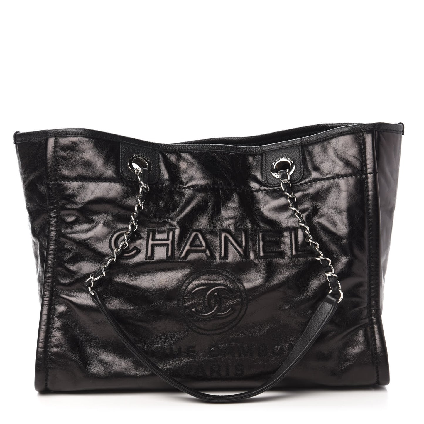 Glazed Calfskin Small Deauville Tote Black