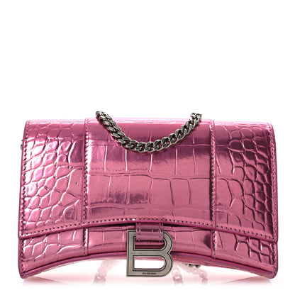 Balenciaga Metallic Shiny Calfskin Crocodile Embossed Hourglass Chain Bag Pink 1 of 18