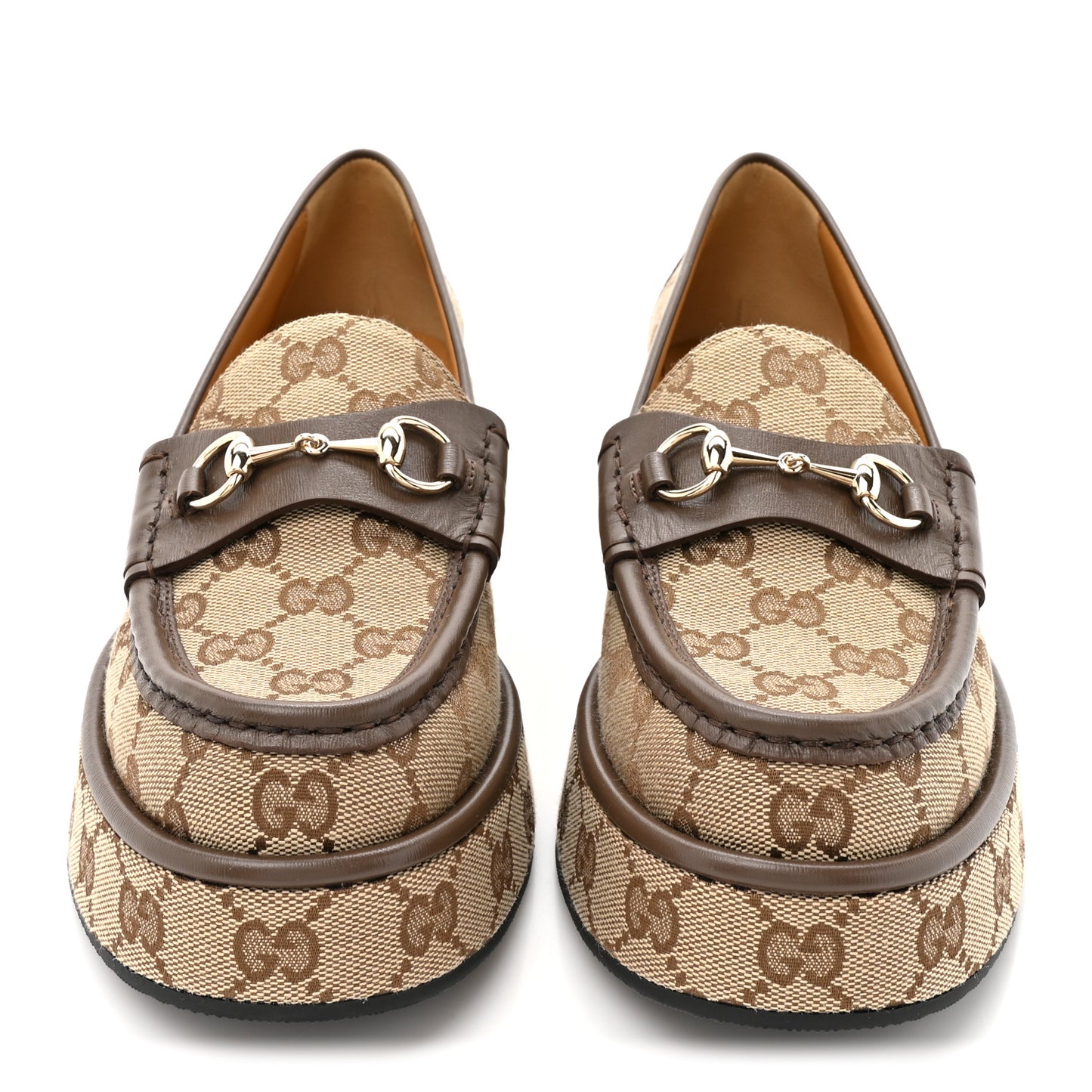 Monogram Horsebit Calfskin Womens Horsebit Wedge Platform Loafers 38 Beige Ebony