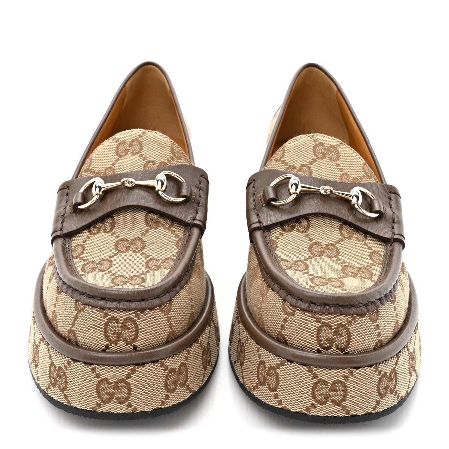 Gucci Monogram Horsebit Calfskin Womens Horsebit Wedge Platform Loafers 38 Beige Ebony 3 of 10