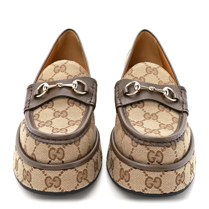 Gucci Monogram Horsebit Calfskin Womens Horsebit Wedge Platform Loafers 38 Beige Ebony 3 of 10