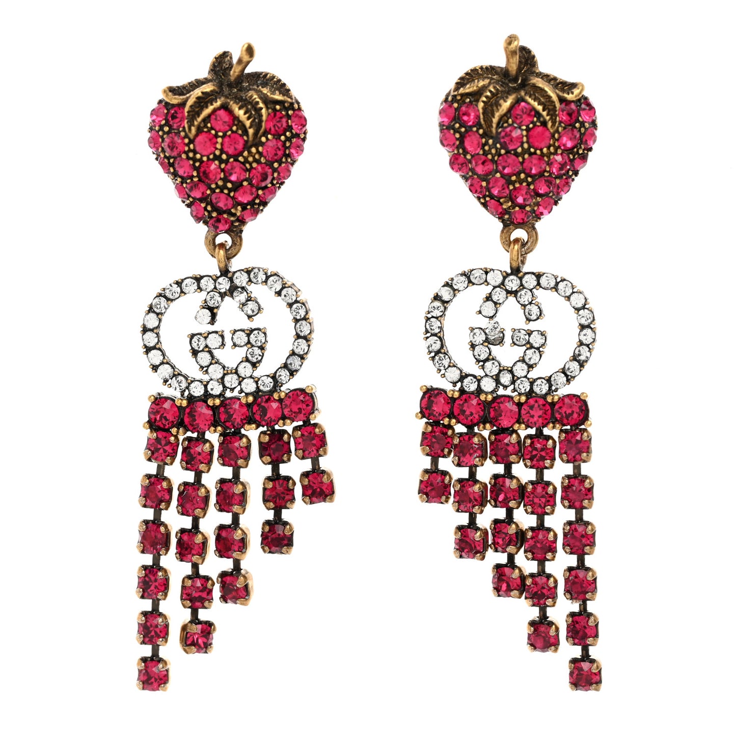 Metal Crystal Interlocking G Strawberry Drop Earrings Red