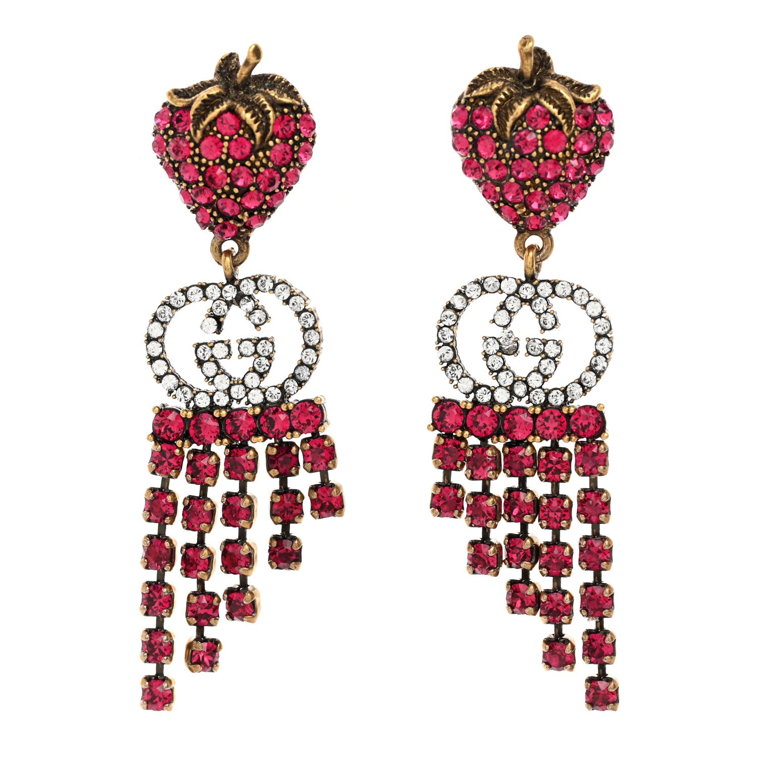 Gucci Metal Crystal Interlocking G Strawberry Drop Earrings Red 1 of 4