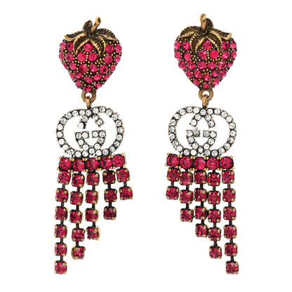 Gucci Metal Crystal Interlocking G Strawberry Drop Earrings Red 1 of 4