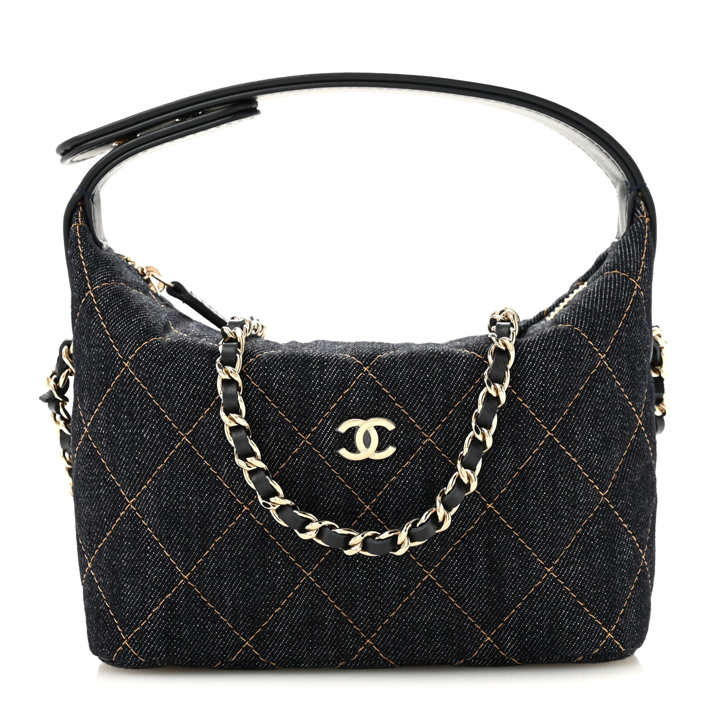Denim Quilted Hobo Clutch With Chain Dark Blue Orange