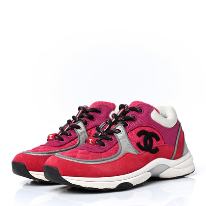 Chanel Mesh Suede Calfskin Grained Calfskin Womens CC Sneakers 37 Dark Pink Silver 3 of 9