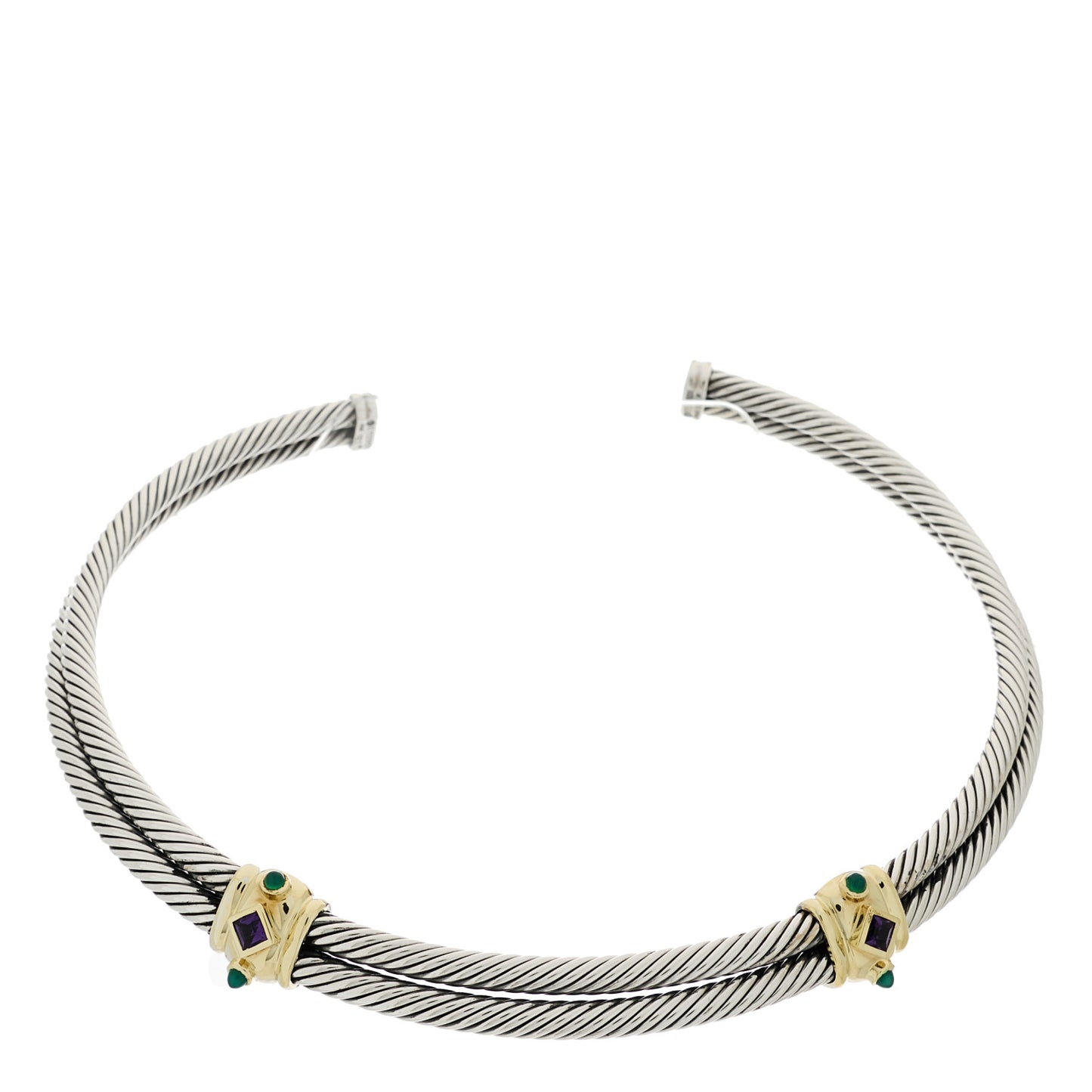 Sterling Silver 14K Yellow Gold Amethyst Green Onyx Renaissance Cable Choker Necklace