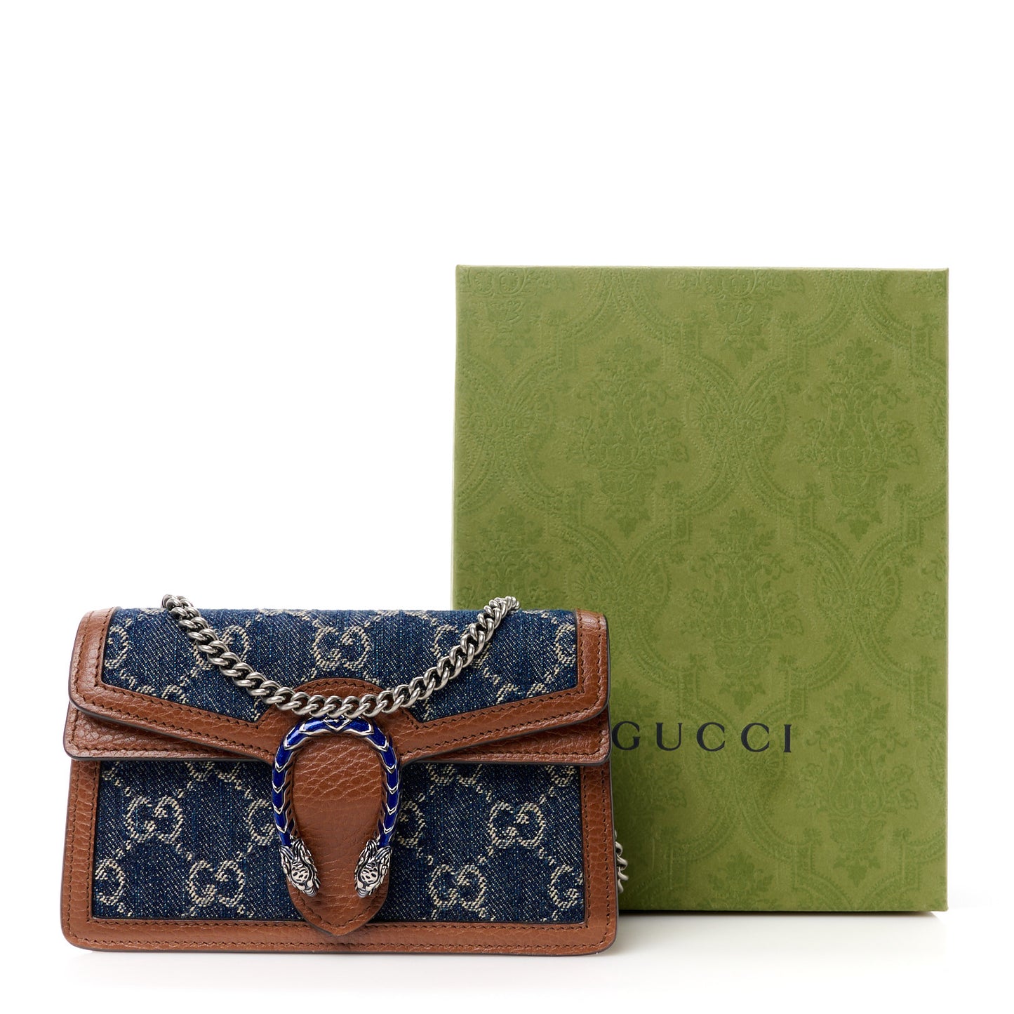 New Denim GG Monogram Dollar Calfskin Enamel Super Mini Dionysus Shoulder Bag Blue Tea Cuir Epilog Electric Blue