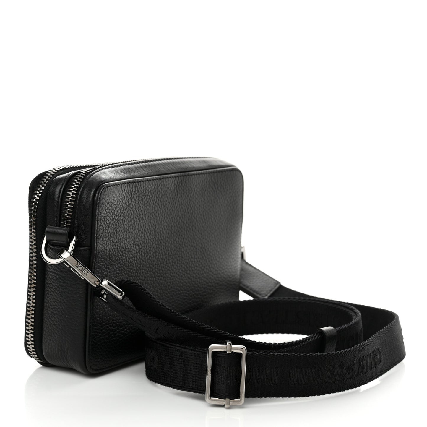 Grained Calfskin CD Icon Zipped Pouch With Strap Black