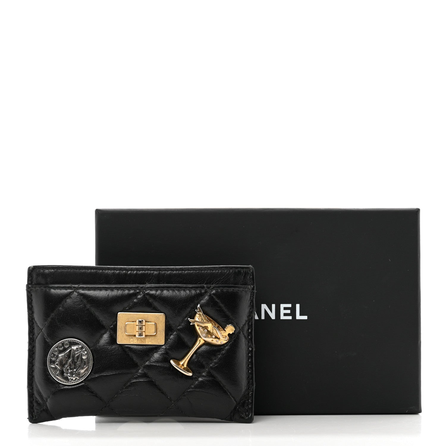 Chanel Aged Calfskin Quilted Lucky Charms Reissue Card Holder Black 9 of 9