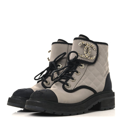 Chanel Fabric Grosgrain Lambskin Quilted Lace Up Combat Boot 36 Gray 4 of 11