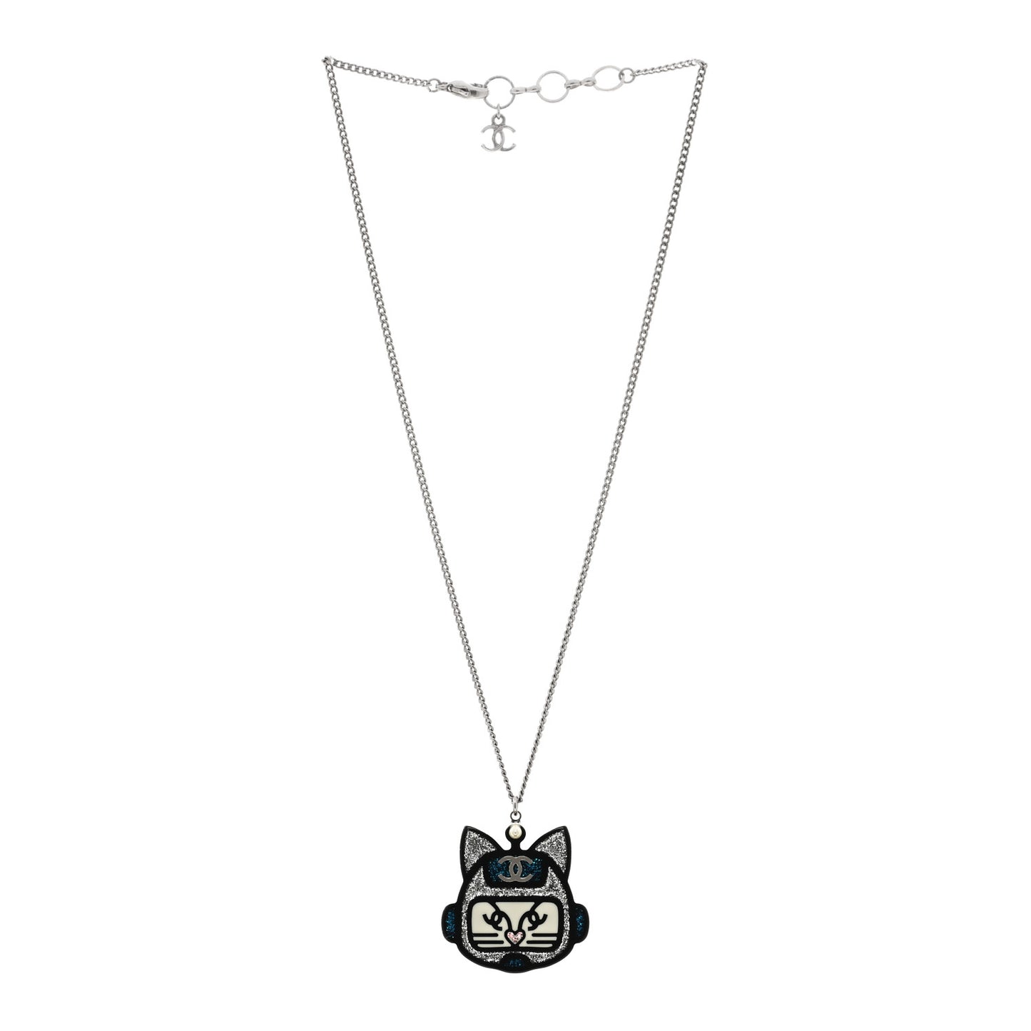 Resin Pearl CC Emoji Robot Cat Lanyard Necklace Silver Blue